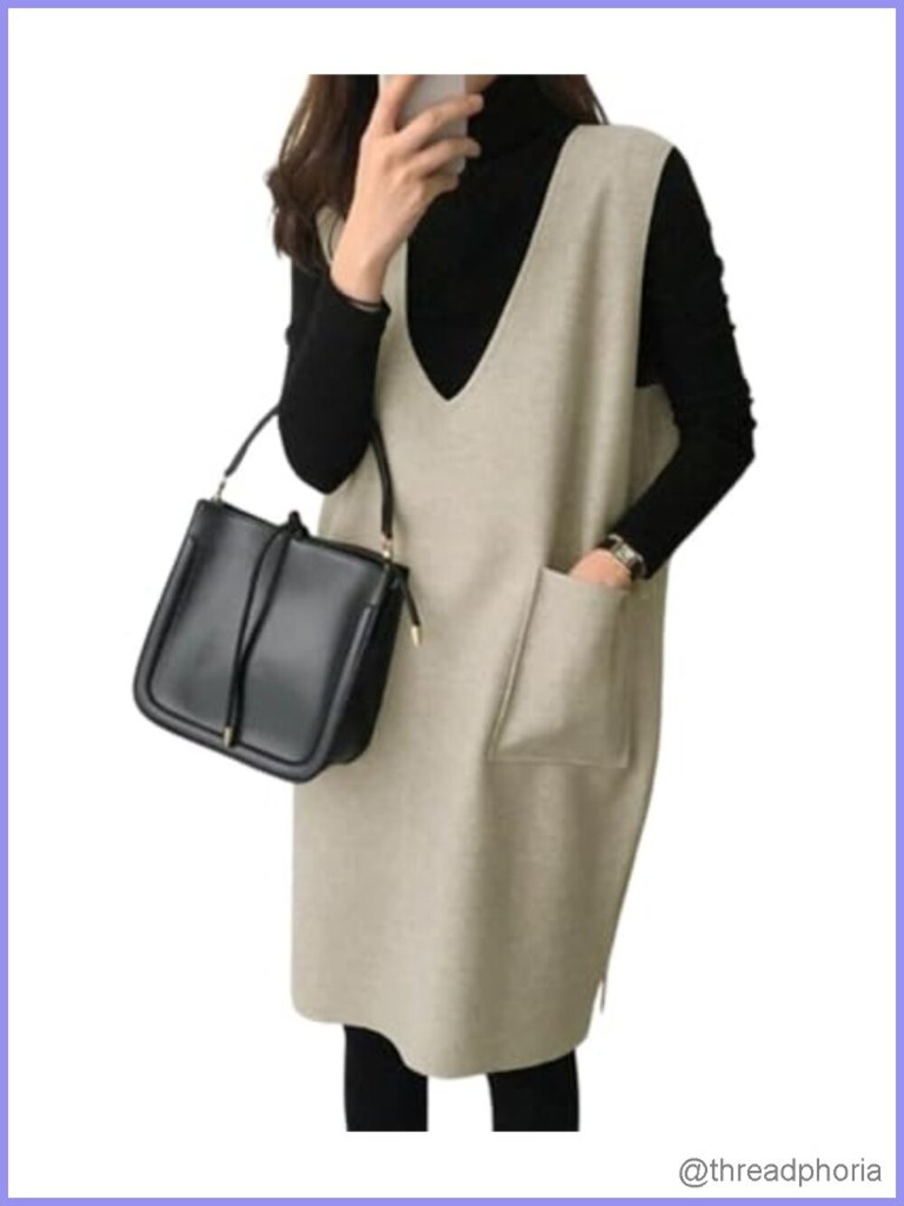 Wool Blend Sleeveless Midi Vest Dress with Pockets, Knee-Length